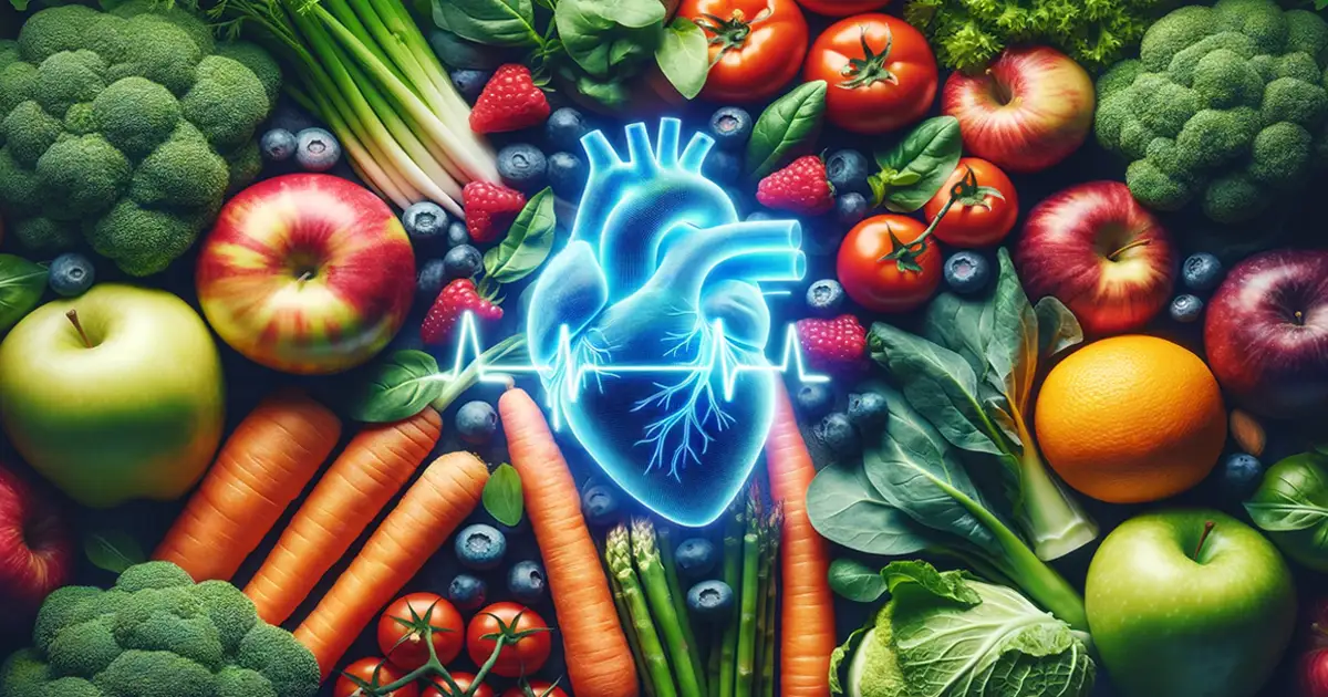 פירות וירקות עם הולוגרמה של אנטומיית לב, למניעת מחלות לב.
